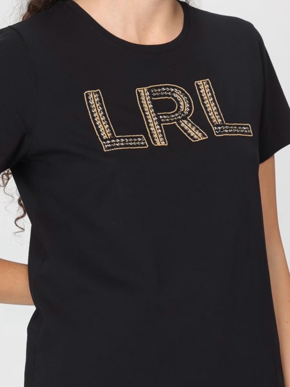 Ralph Lauren Black Tee Gold Beaded LRL Logo Luxe Casual
